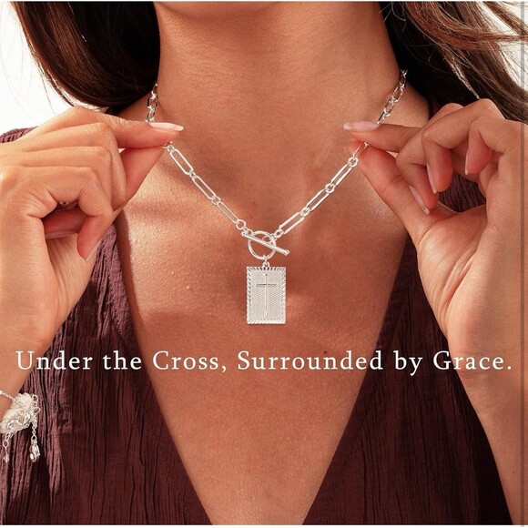 Layered Cross Necklace, Chunky Silver rectangle charm, paperclip chain, toggle - Picture 8 of 13